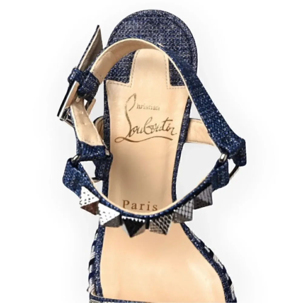 CHRISTIAN LOUBOUTIN Denim Lame Lux Pyraclou 110 Wedge Sandals |Size: 39|